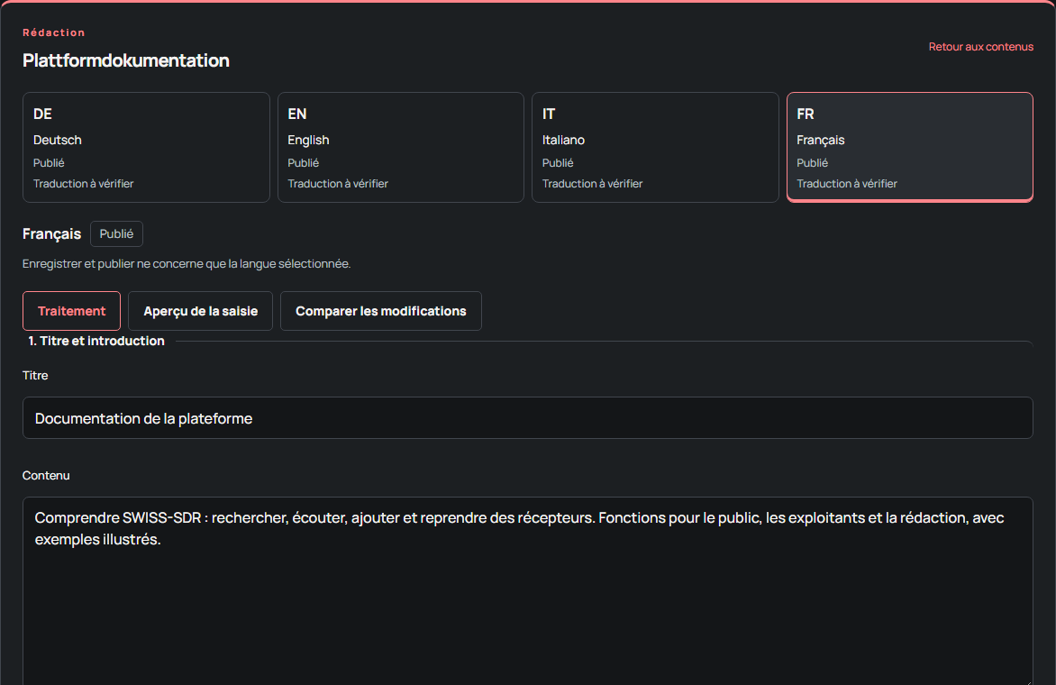 Modifier les contenus en quatre langues