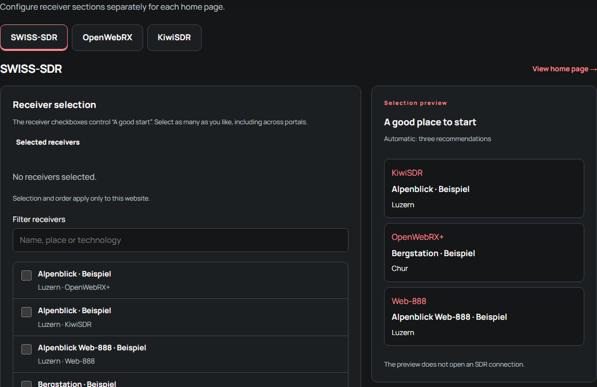 Choose receivers for the homepages